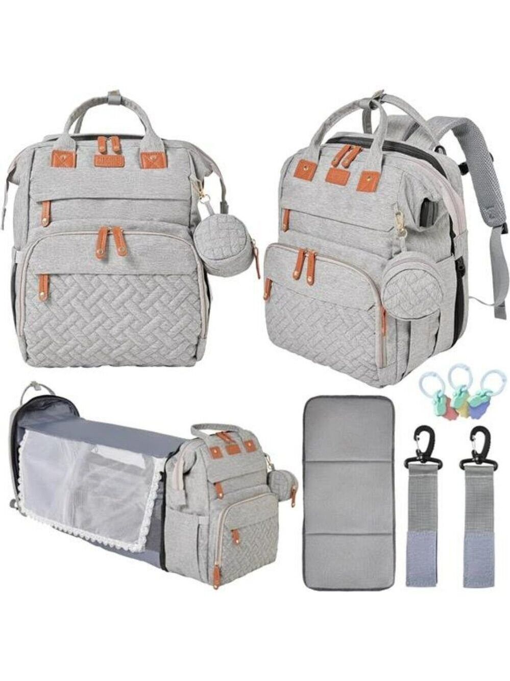 Waterproof Diaper Bag Backpack with Changing Station USB Stroller Straps